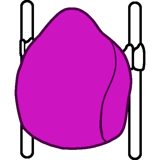 A bright pink rigid wheelchair backrest attached to two black and white back canes with clamps.